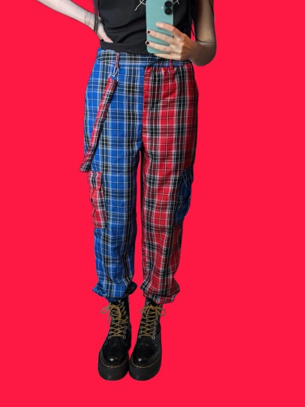 Two-Tone Red & Blue Plaid Cargo Pants